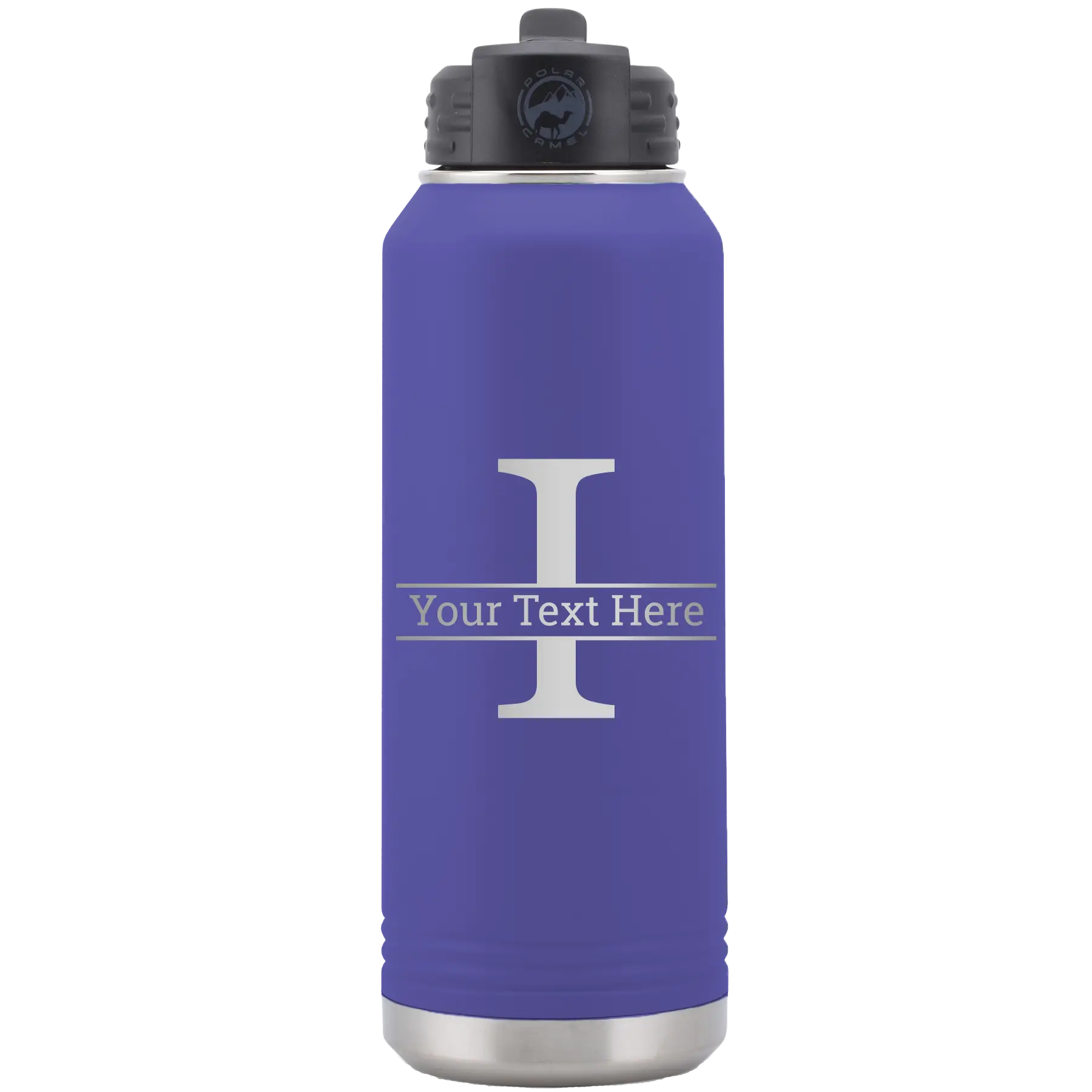 Personalized purple 32 oz vacuum insulated water bottle with 'Monogram letter I' design