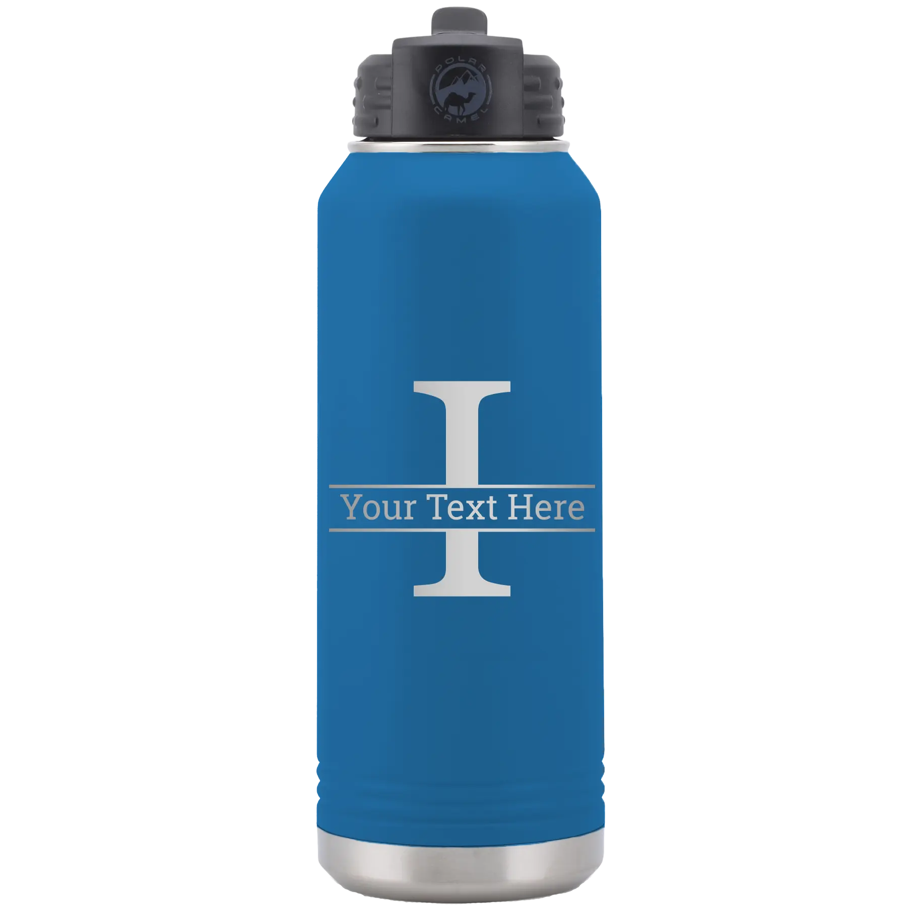 Personalized royal blue 32 oz vacuum insulated water bottle with 'Monogram letter I' design