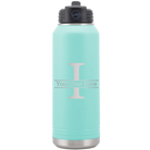 Personalized teal 32 oz vacuum insulated water bottle with 'Monogram letter I' design