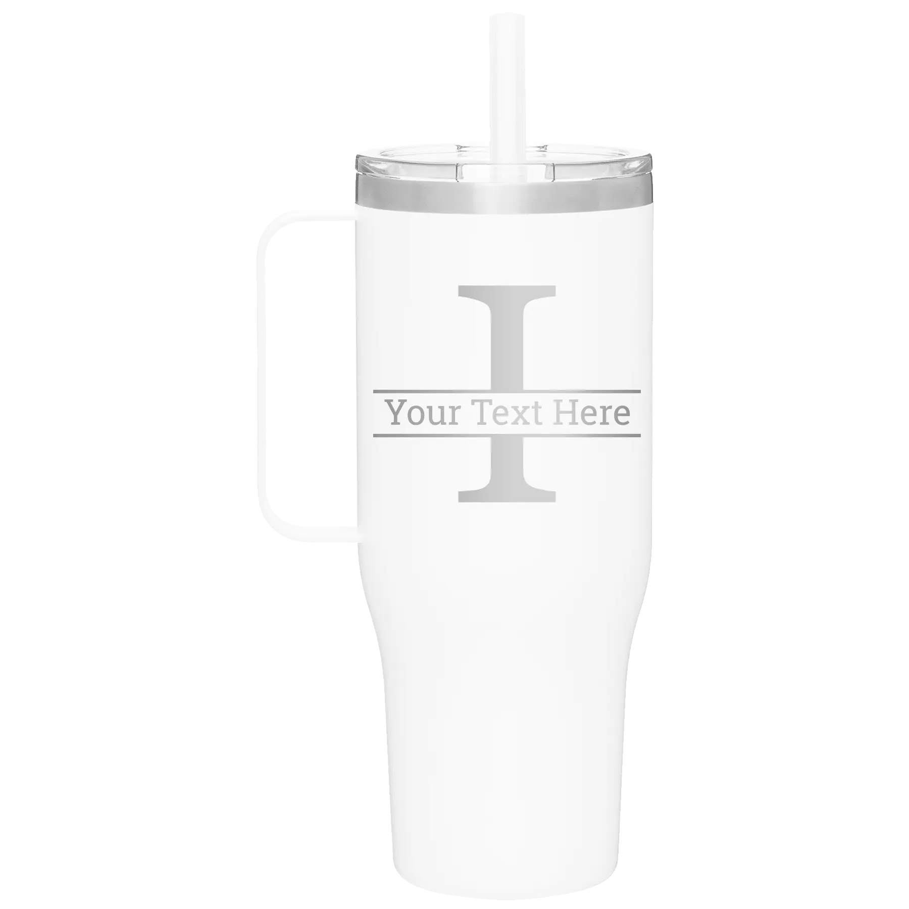 Personalized white 40 oz vacuum insulated tumbler mug with 'Monogram letter I' design