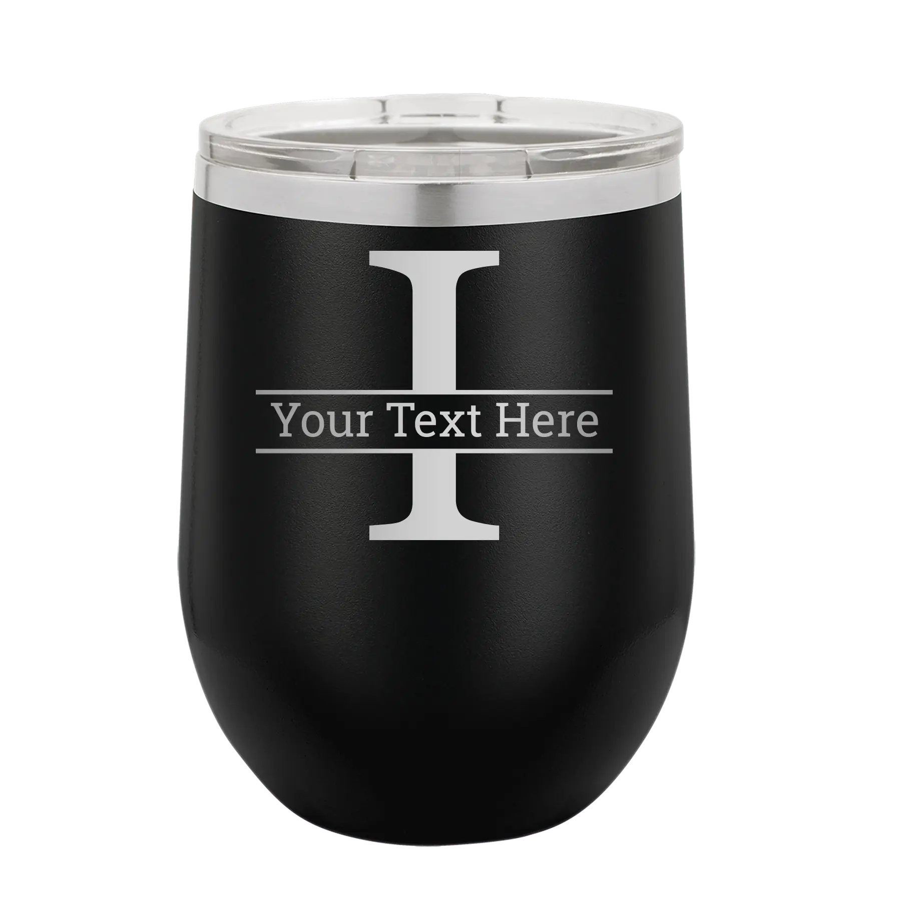 Personalized black 12 oz vacuum insulated wine cup with 'Monogram letter I' design