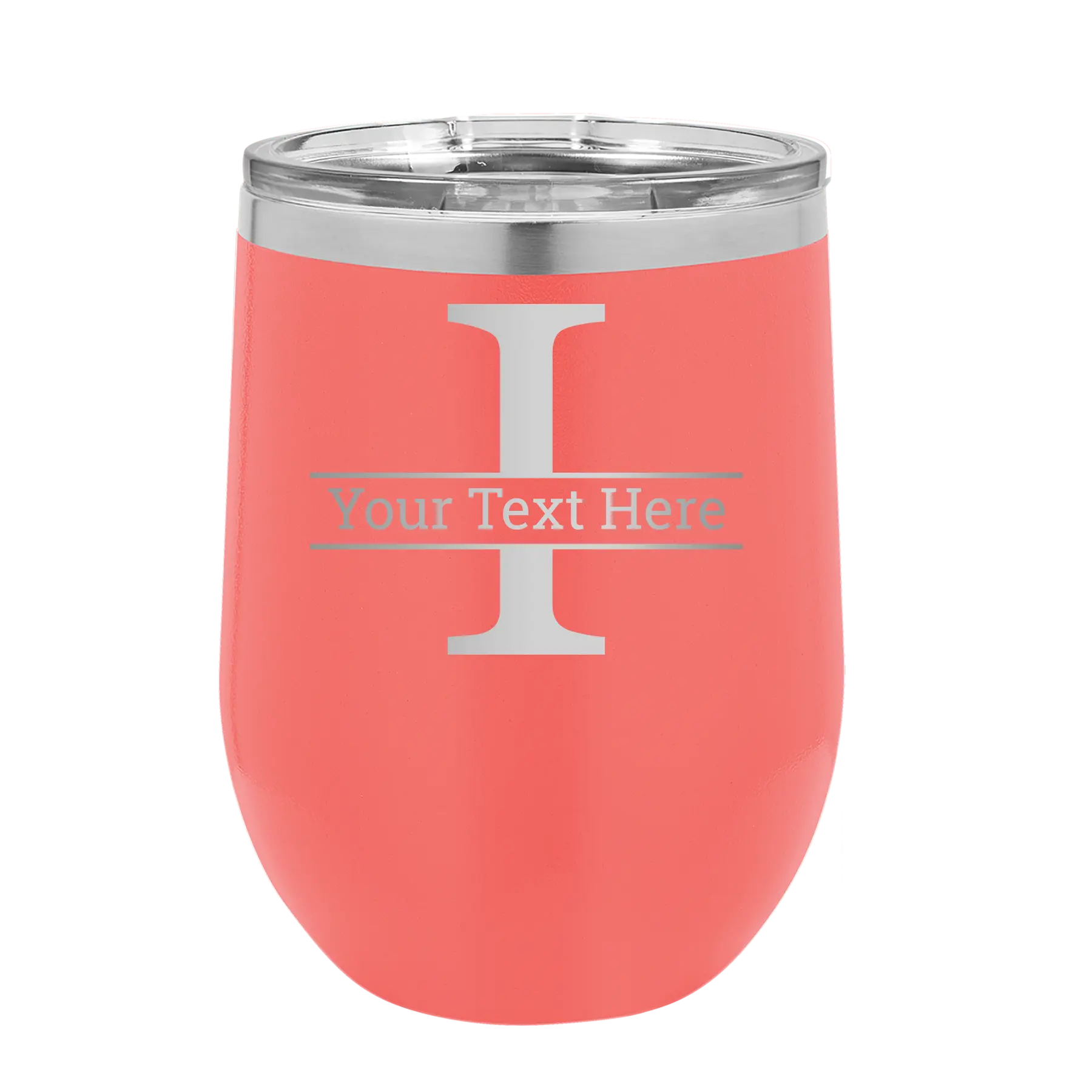 Personalized coral 12 oz vacuum insulated wine cup with 'Monogram letter I' design