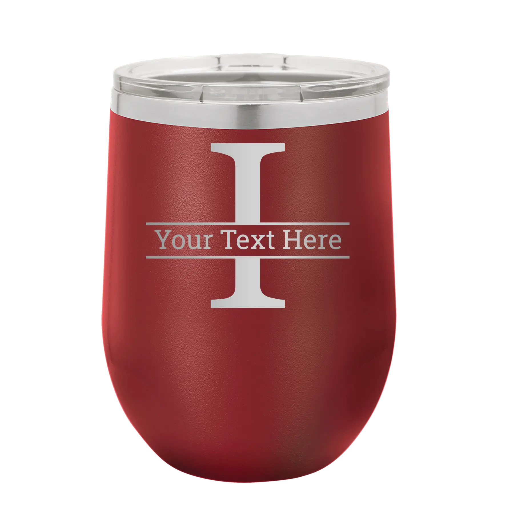 Personalized maroon 12 oz vacuum insulated wine cup with 'Monogram letter I' design