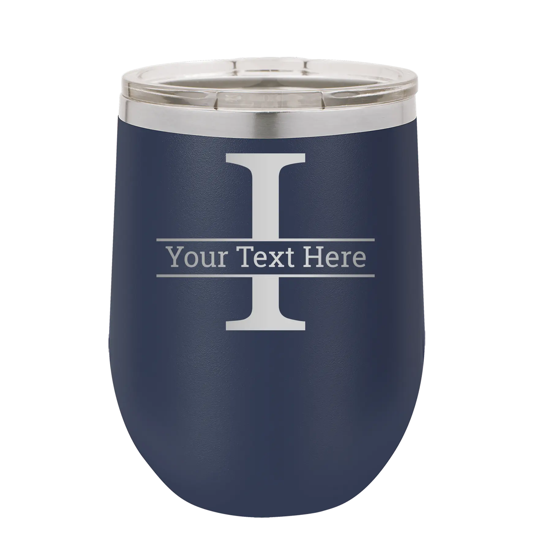 Personalized navy 12 oz vacuum insulated wine cup with 'Monogram letter I' design