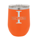 Personalized orange 12 oz vacuum insulated wine cup with 'Monogram letter I' design