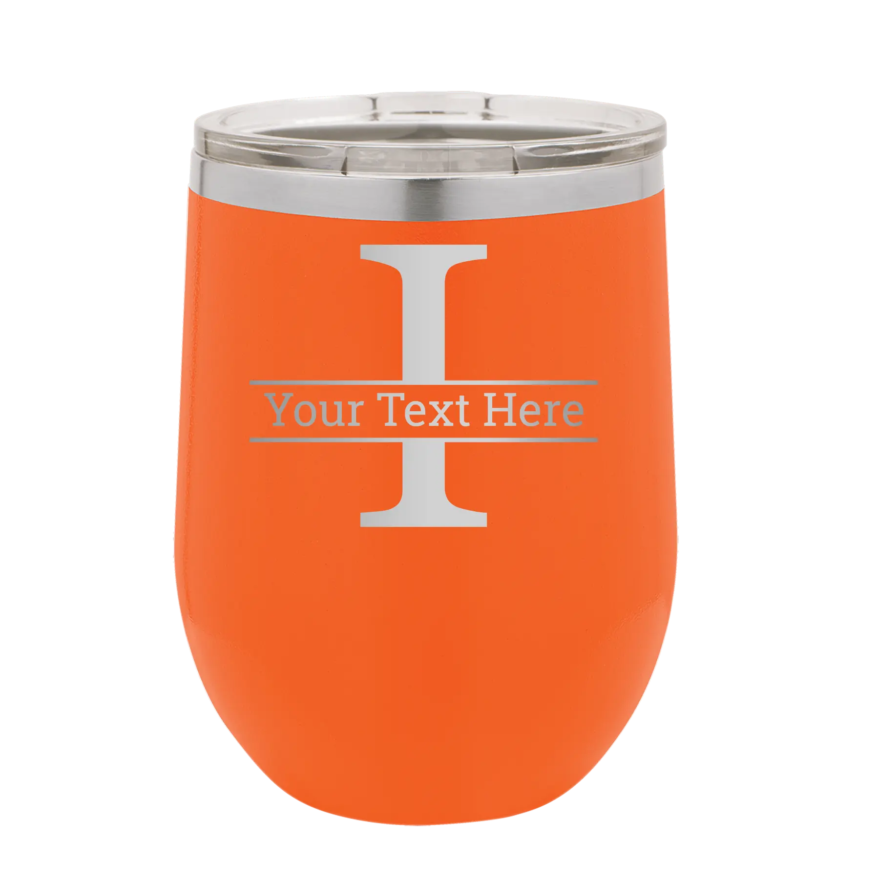 Personalized orange 12 oz vacuum insulated wine cup with 'Monogram letter I' design