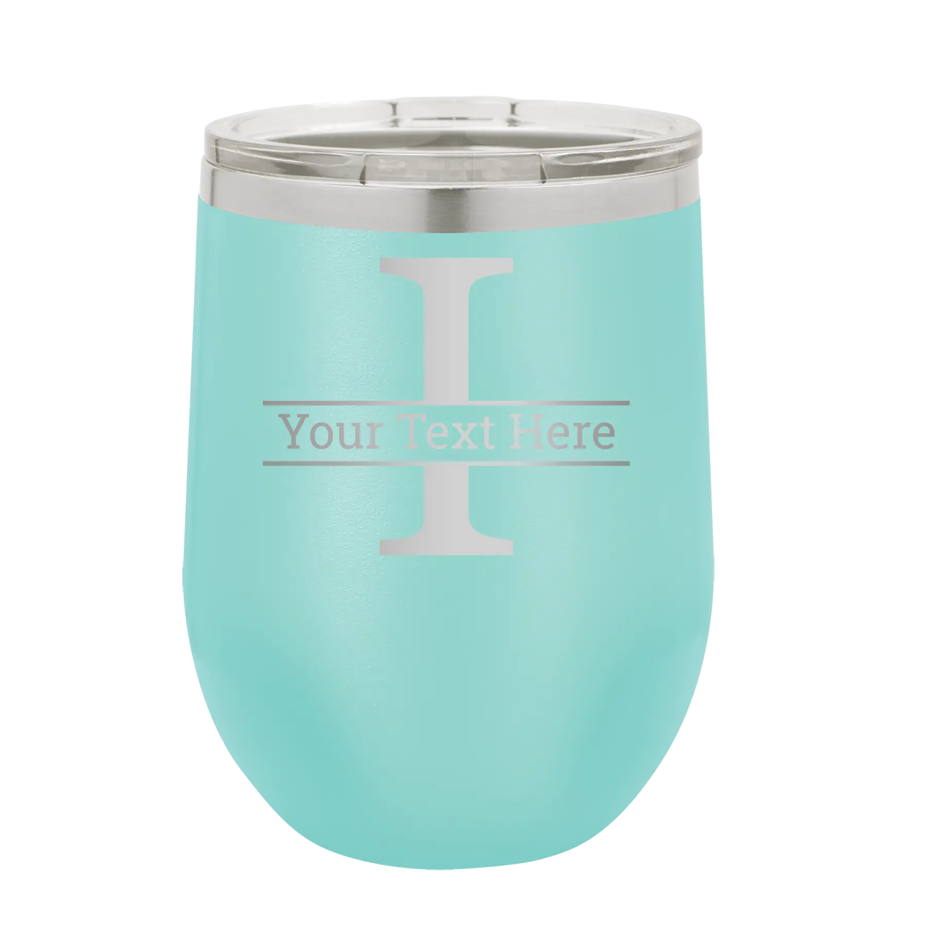 Personalized teal 12 oz vacuum insulated wine cup with 'Monogram letter I' design