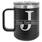 Personalized black 15 oz vacuum insulated coffee mug with 'Monogram letter J' design