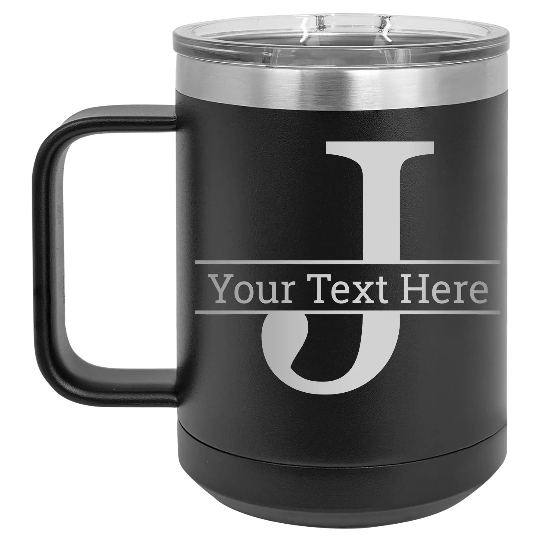 Personalized black 15 oz vacuum insulated coffee mug with 'Monogram letter J' design