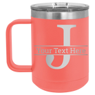 Personalized coral 15 oz vacuum insulated coffee mug with 'Monogram letter J' design