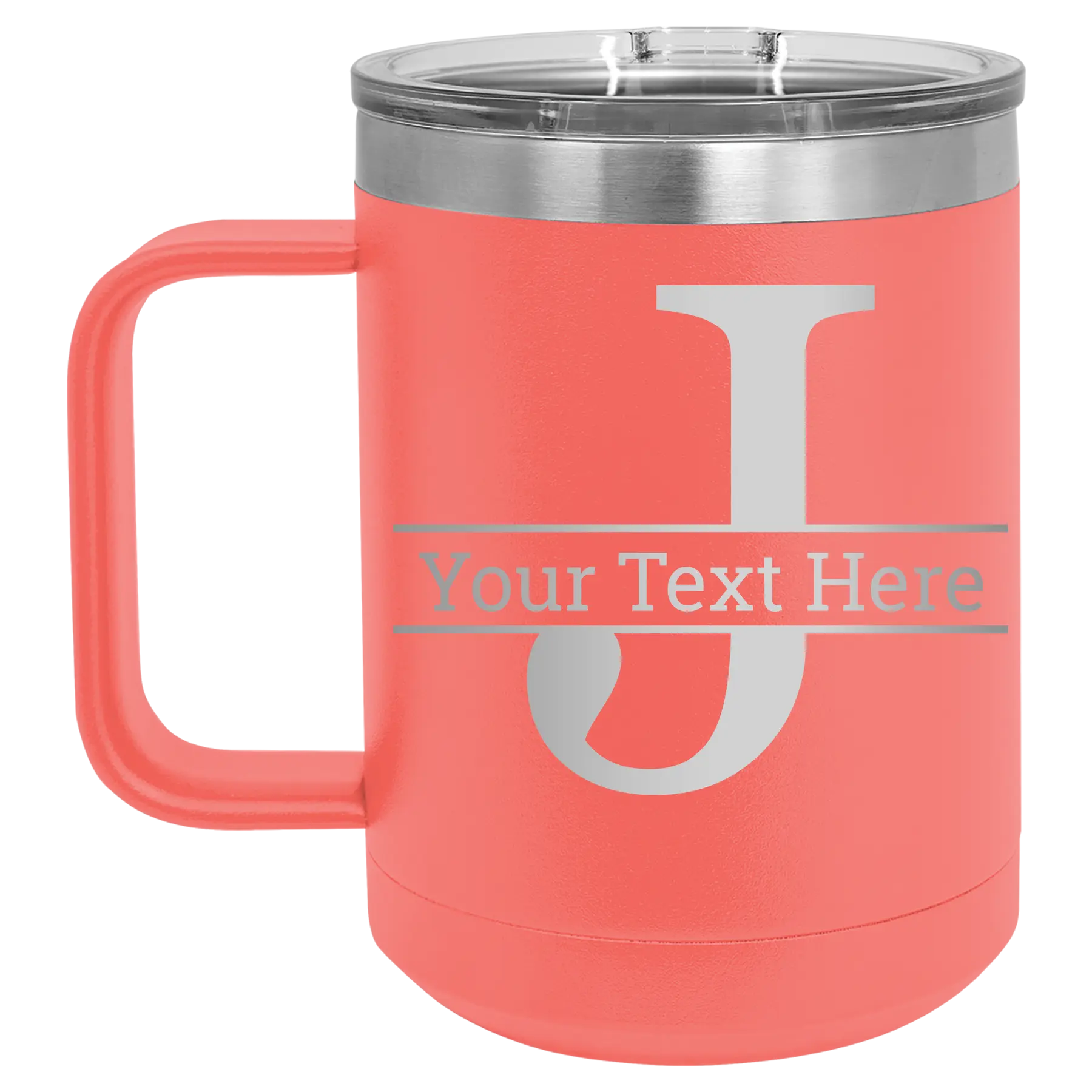 Personalized coral 15 oz vacuum insulated coffee mug with 'Monogram letter J' design