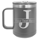 Personalized dark gray 15 oz vacuum insulated coffee mug with 'Monogram letter J' design
