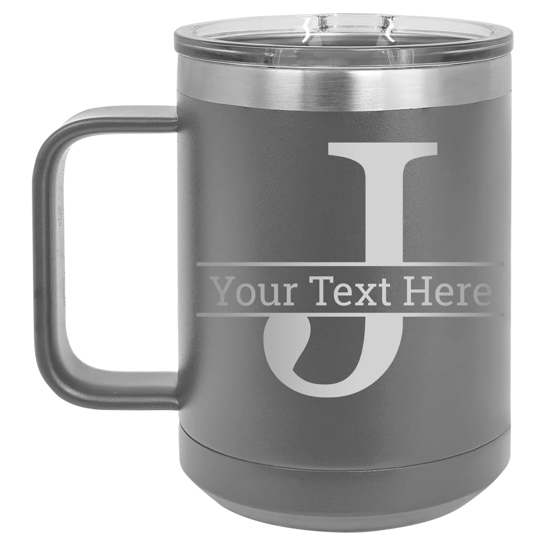 Personalized dark gray 15 oz vacuum insulated coffee mug with 'Monogram letter J' design