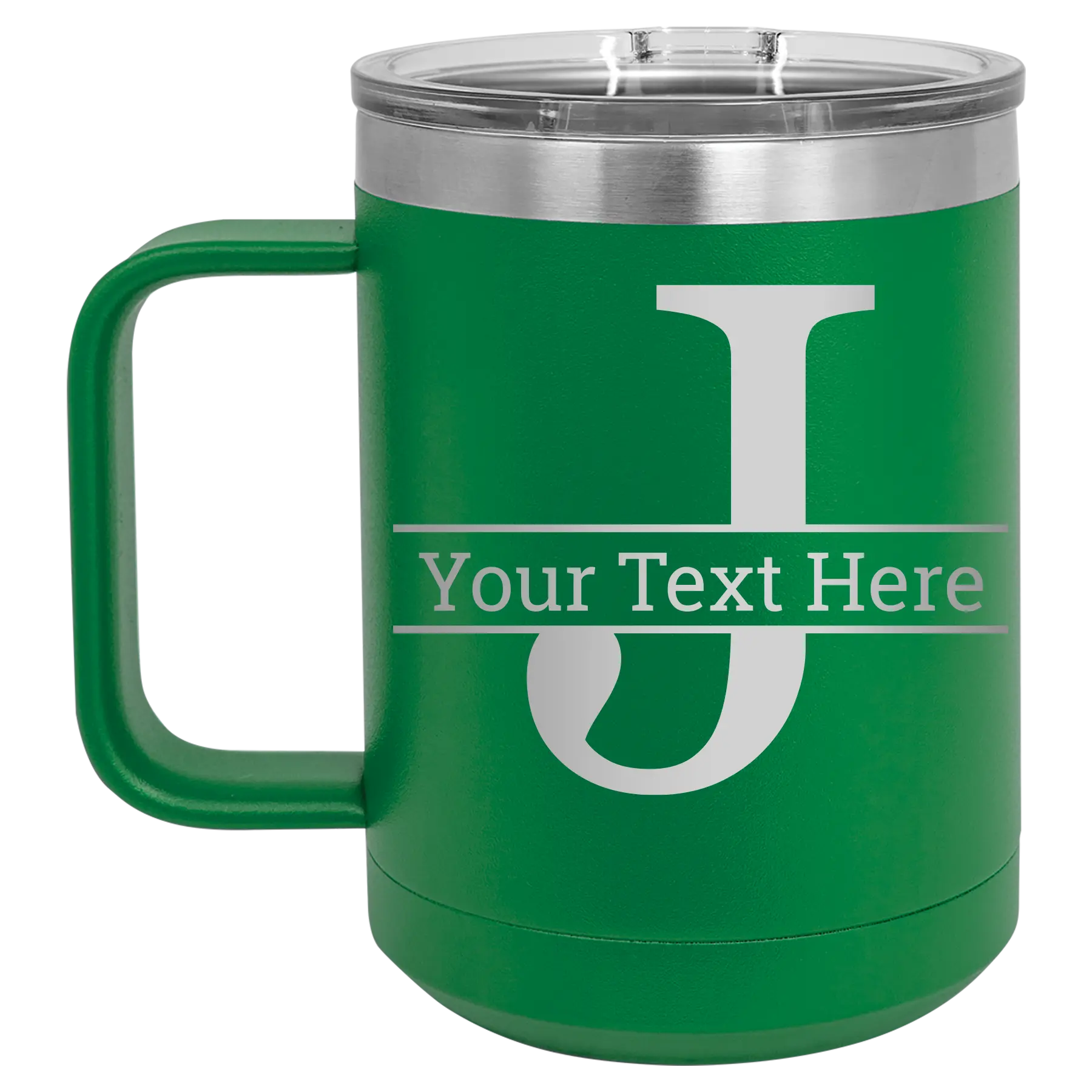 Personalized green 15 oz vacuum insulated coffee mug with 'Monogram letter J' design