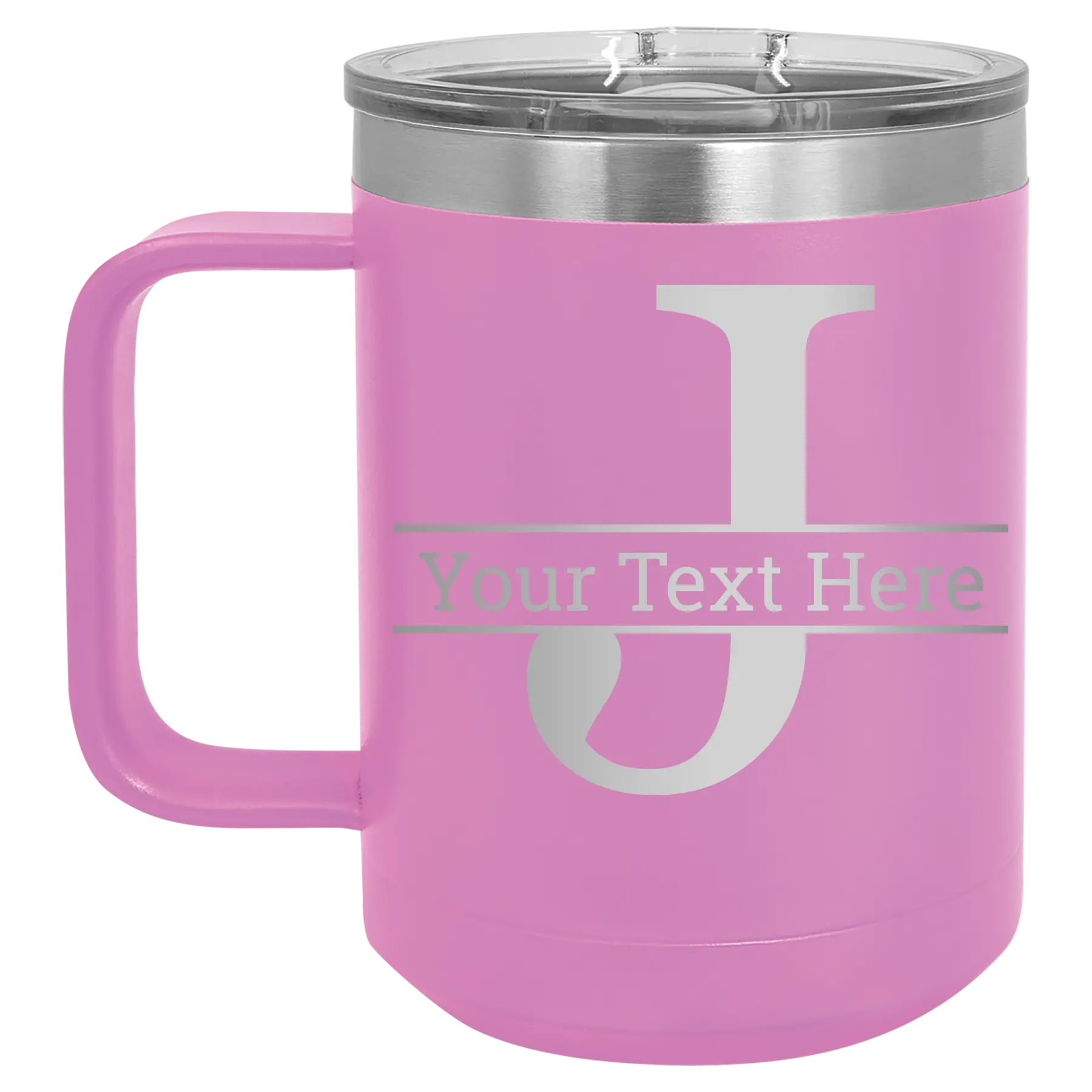 Personalized light purple 15 oz vacuum insulated coffee mug with 'Monogram letter J' design