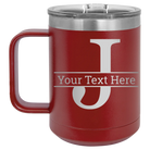 Personalized maroon 15 oz vacuum insulated coffee mug with 'Monogram letter J' design