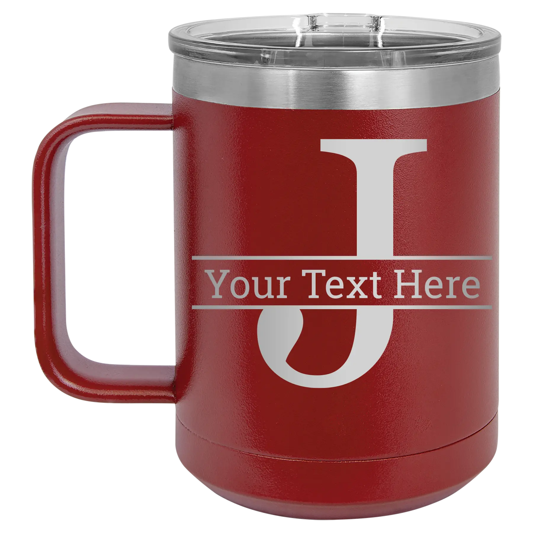 Personalized maroon 15 oz vacuum insulated coffee mug with 'Monogram letter J' design