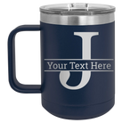 Personalized navy 15 oz vacuum insulated coffee mug with 'Monogram letter J' design