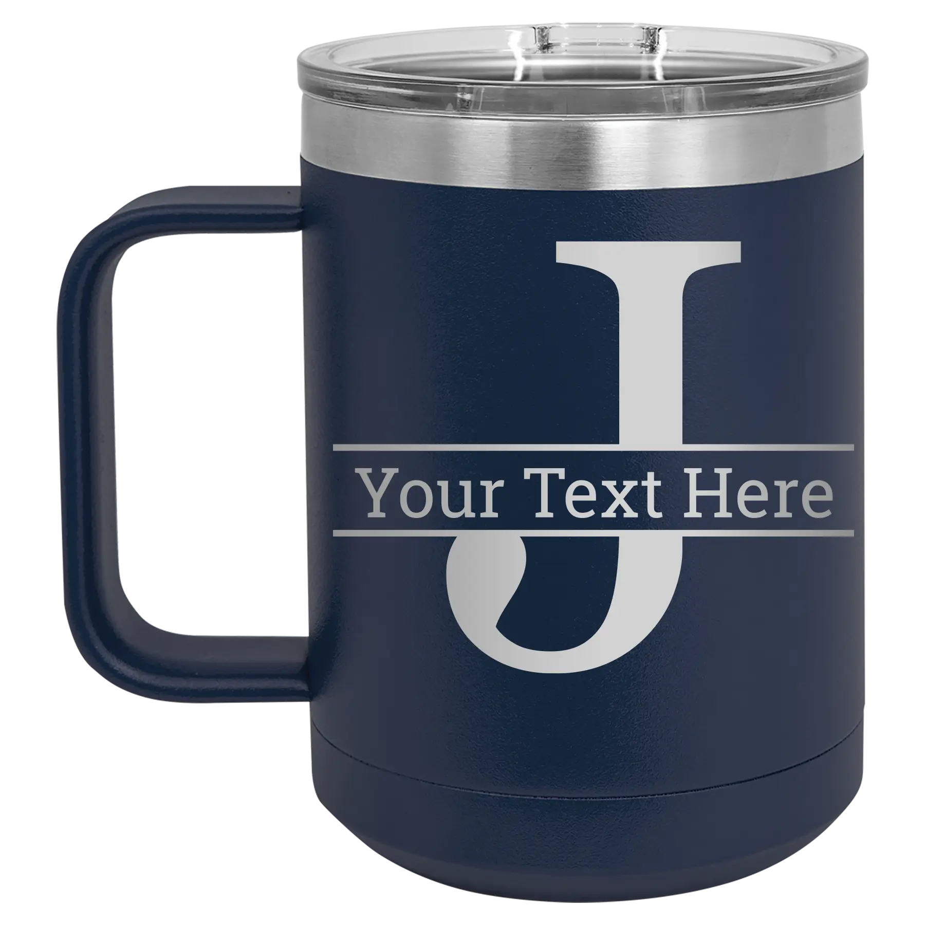 Personalized navy 15 oz vacuum insulated coffee mug with 'Monogram letter J' design