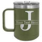 Personalized olive green 15 oz vacuum insulated coffee mug with 'Monogram letter J' design