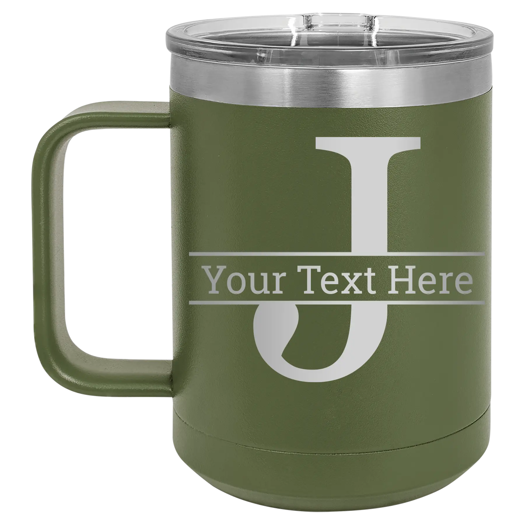 Personalized olive green 15 oz vacuum insulated coffee mug with 'Monogram letter J' design