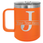 Personalized orange 15 oz vacuum insulated coffee mug with 'Monogram letter J' design
