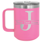 Personalized pink 15 oz vacuum insulated coffee mug with 'Monogram letter J' design