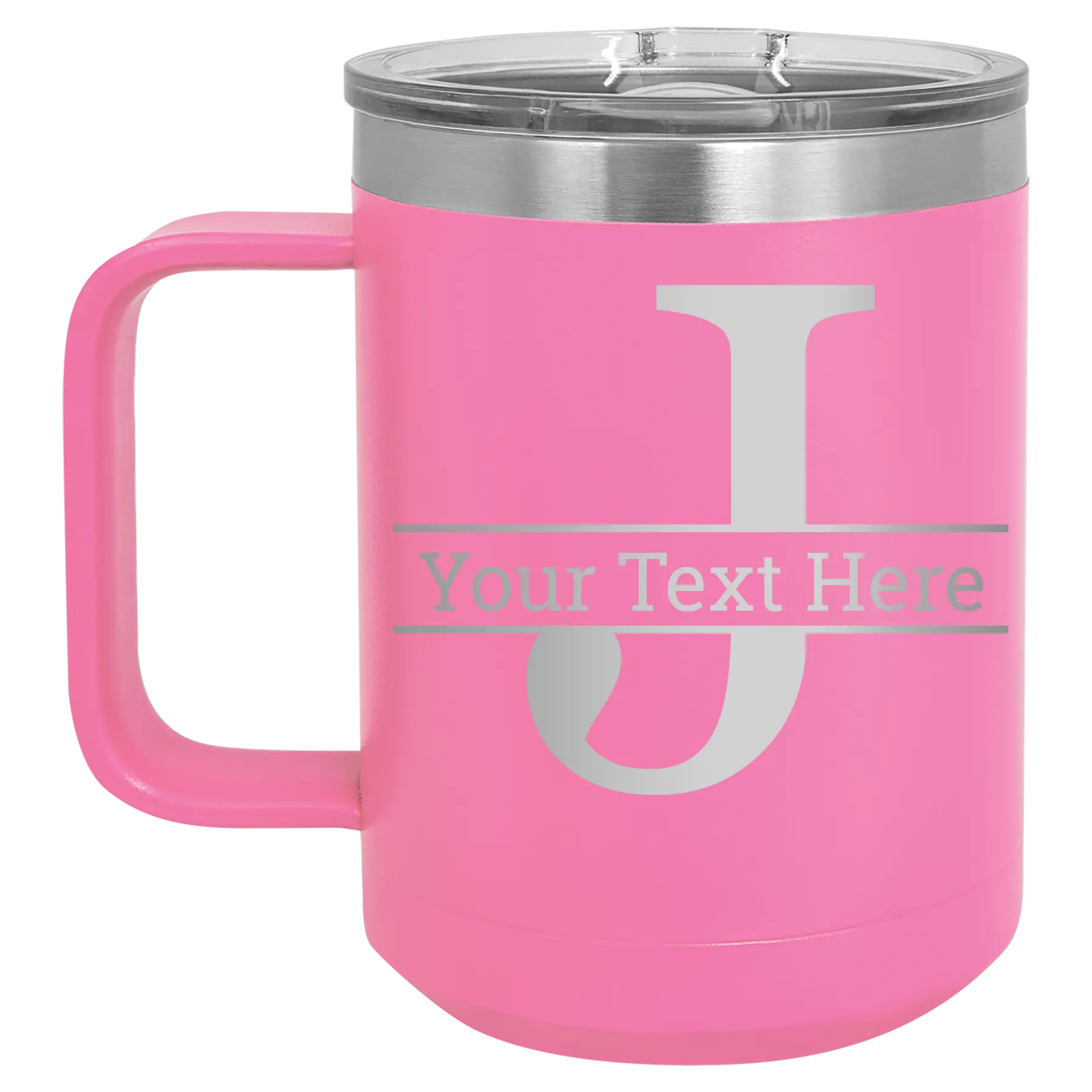 Personalized pink 15 oz vacuum insulated coffee mug with 'Monogram letter J' design