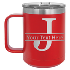 Personalized red 15 oz vacuum insulated coffee mug with 'Monogram letter J' design