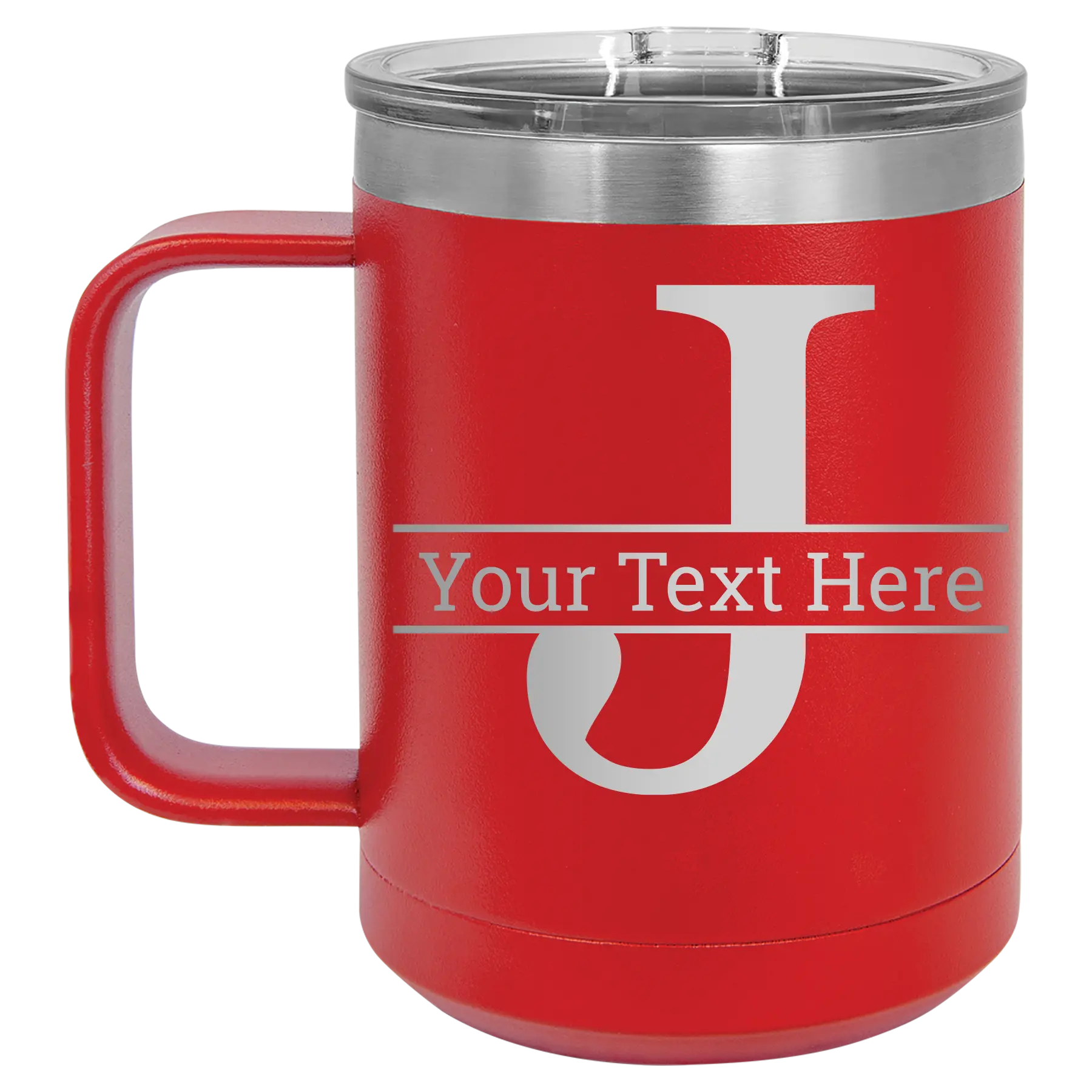 Personalized red 15 oz vacuum insulated coffee mug with 'Monogram letter J' design