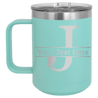 Personalized teal 15 oz vacuum insulated coffee mug with 'Monogram letter J' design