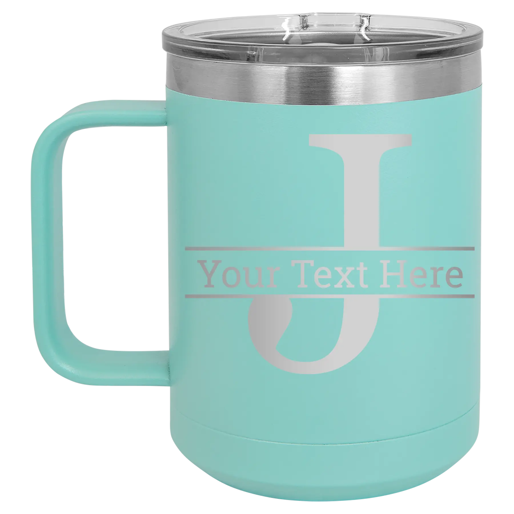 Personalized teal 15 oz vacuum insulated coffee mug with 'Monogram letter J' design