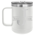Personalized white 15 oz vacuum insulated coffee mug with 'Monogram letter J' design