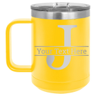 Personalized yellow 15 oz vacuum insulated coffee mug with 'Monogram letter J' design