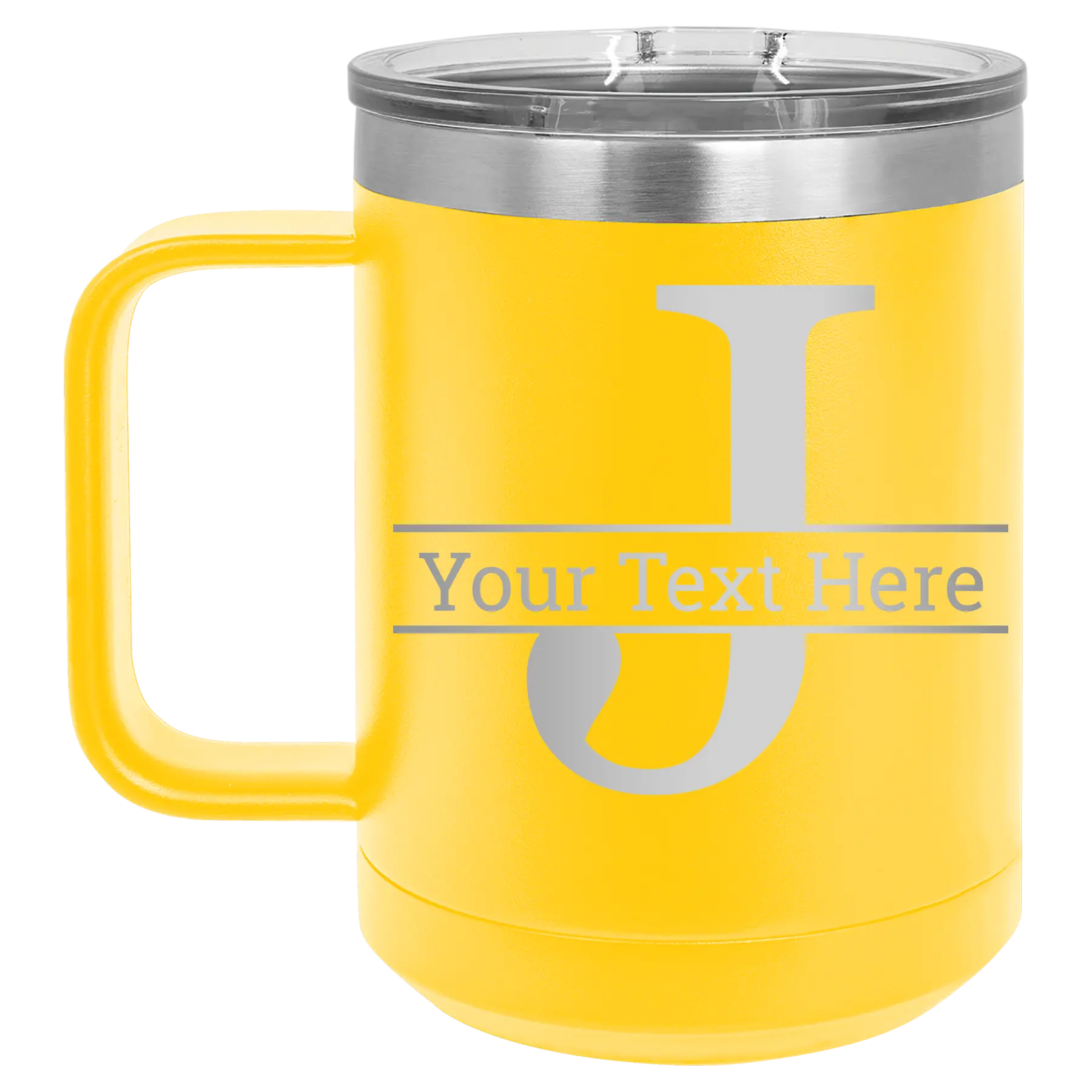 Personalized yellow 15 oz vacuum insulated coffee mug with 'Monogram letter J' design