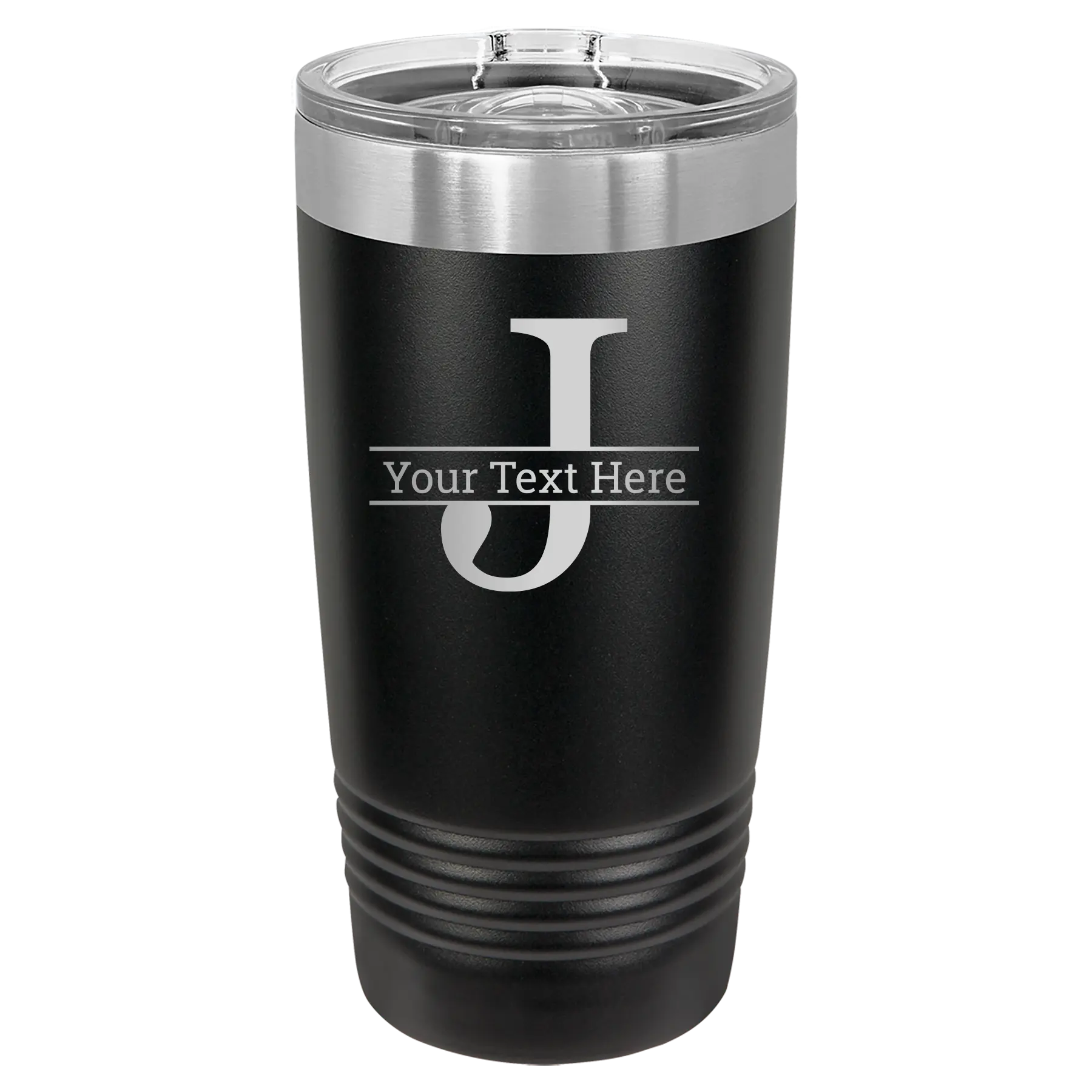 Personalized black 20 oz vacuum insulated tumbler with 'Monogram letter J' design