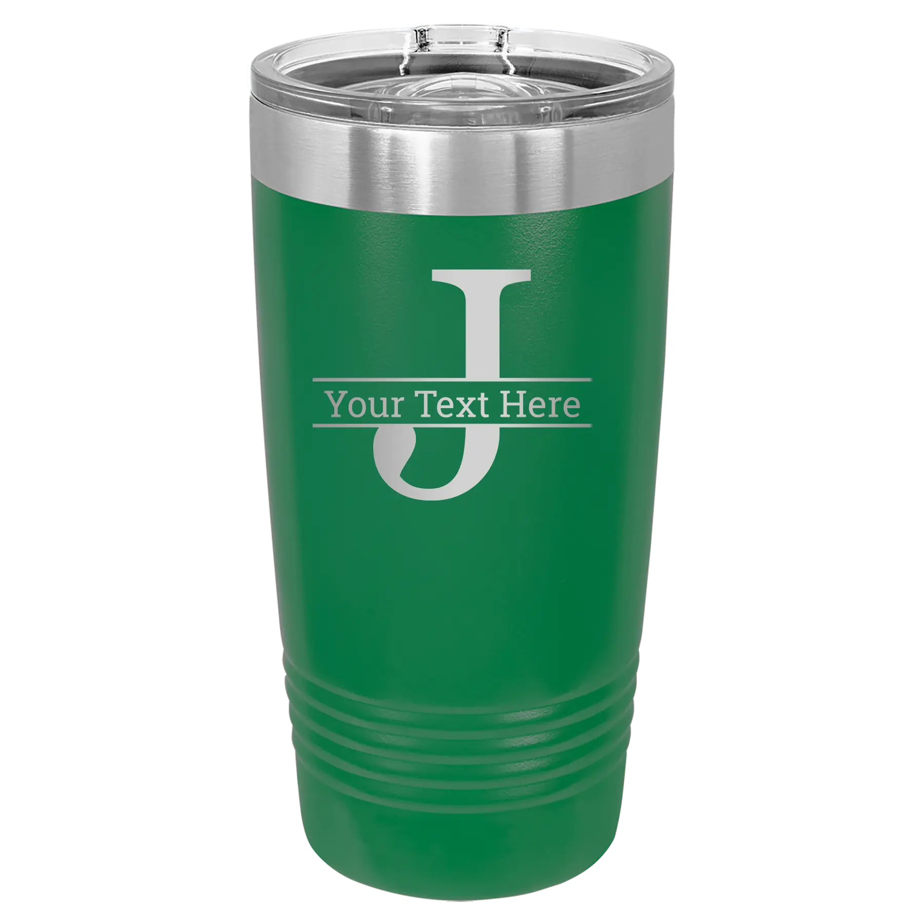 Personalized green 20 oz vacuum insulated tumbler with 'Monogram letter J' design