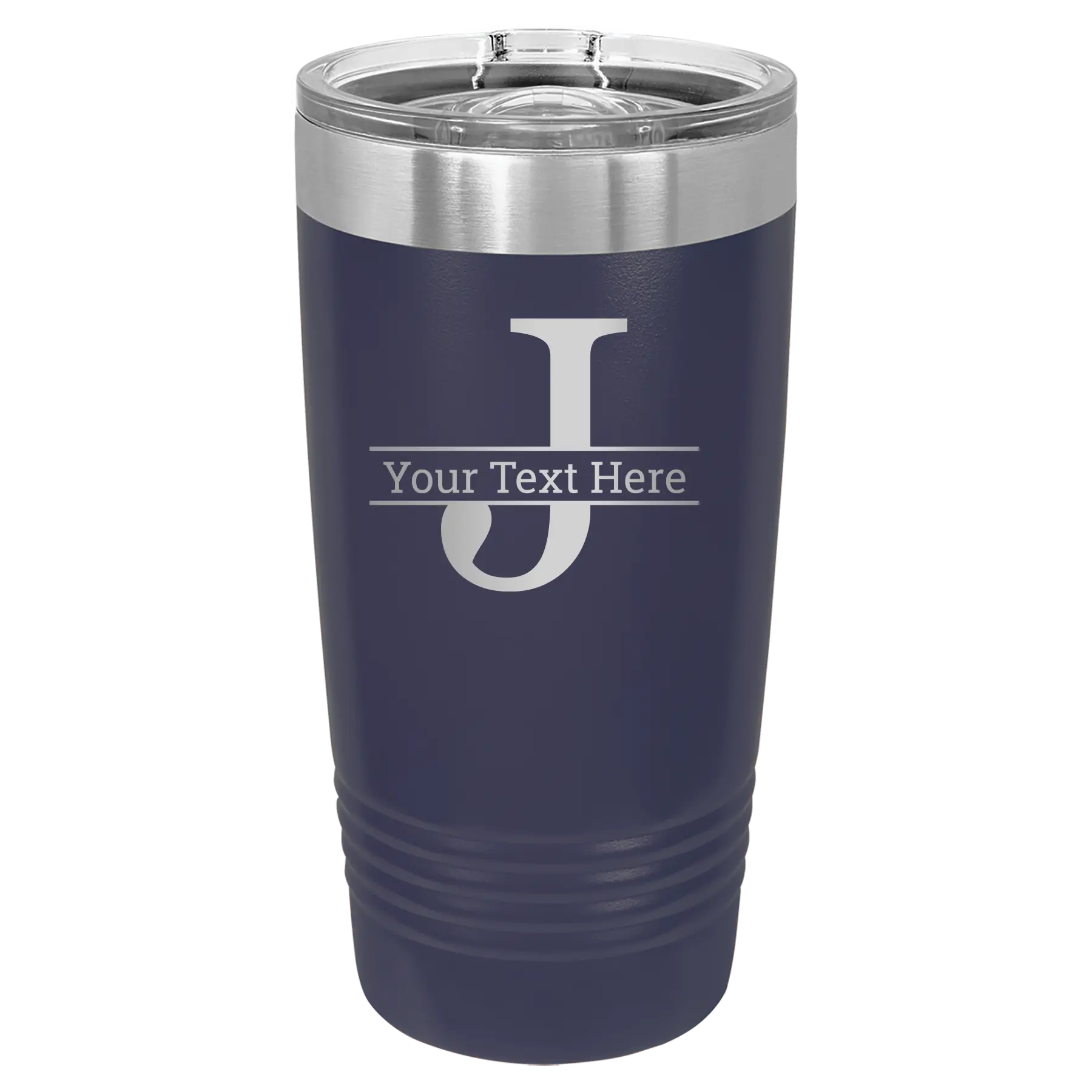 Personalized navy 20 oz vacuum insulated tumbler with 'Monogram letter J' design
