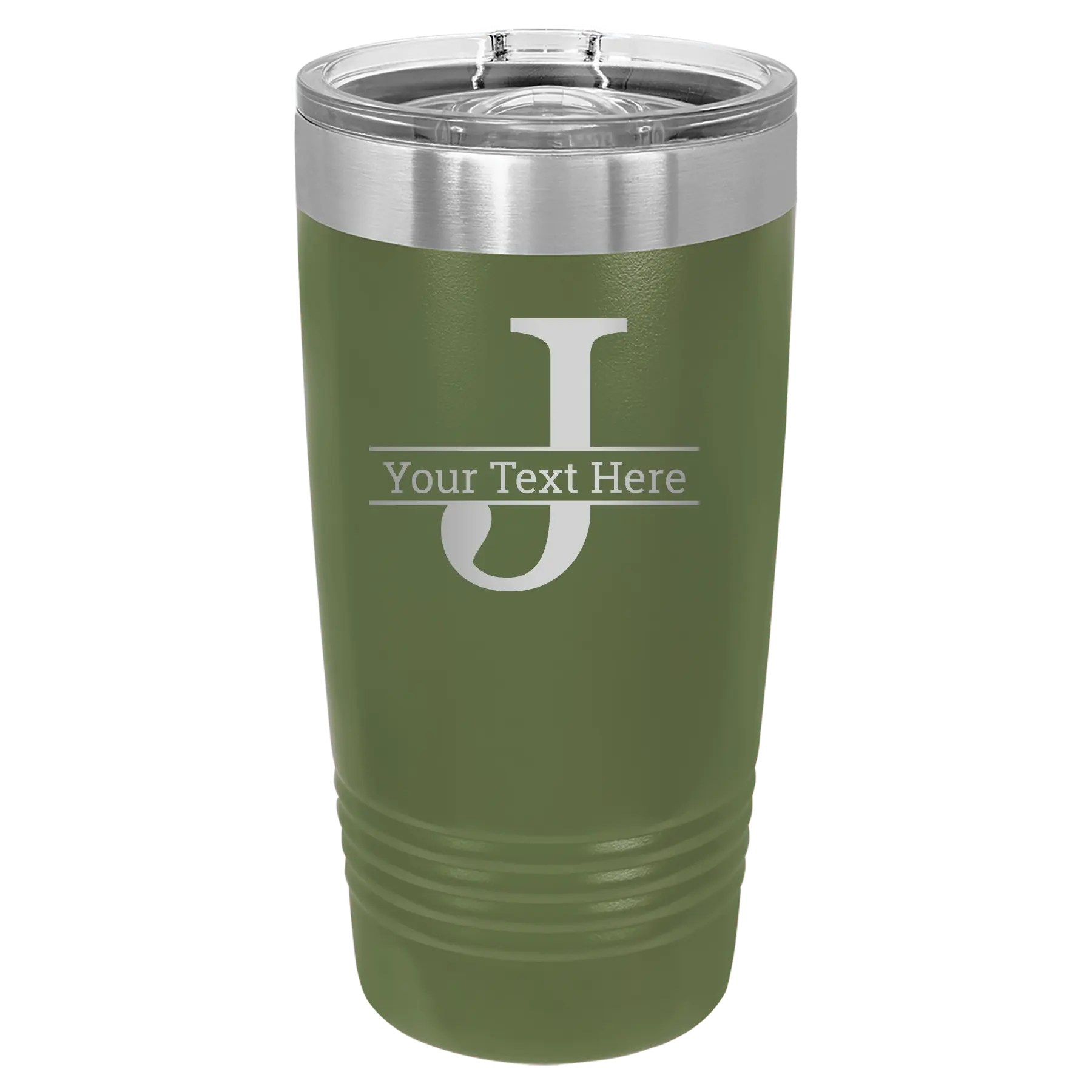 Personalized olive green 20 oz vacuum insulated tumbler with 'Monogram letter J' design