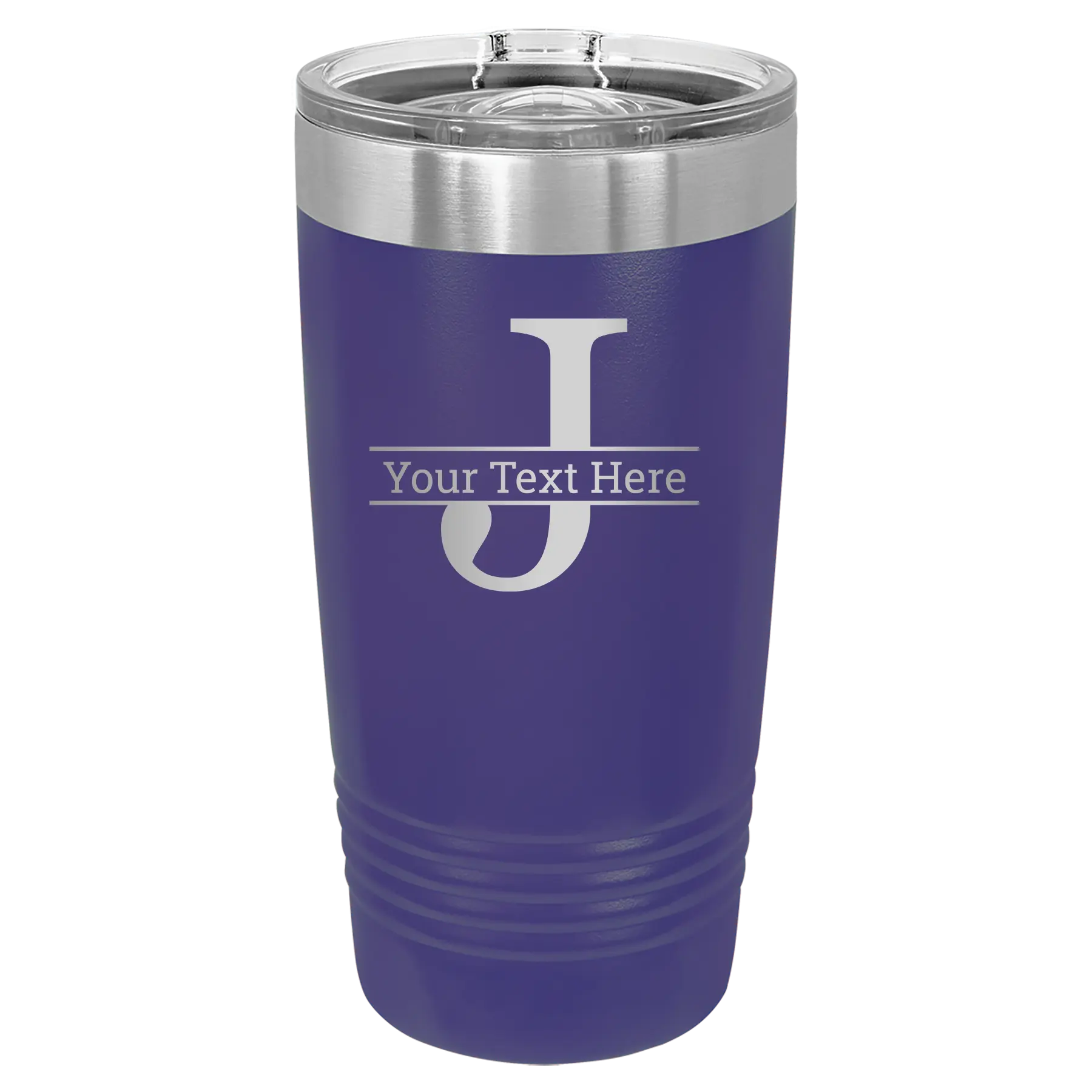 Personalized purple 20 oz vacuum insulated tumbler with 'Monogram letter J' design