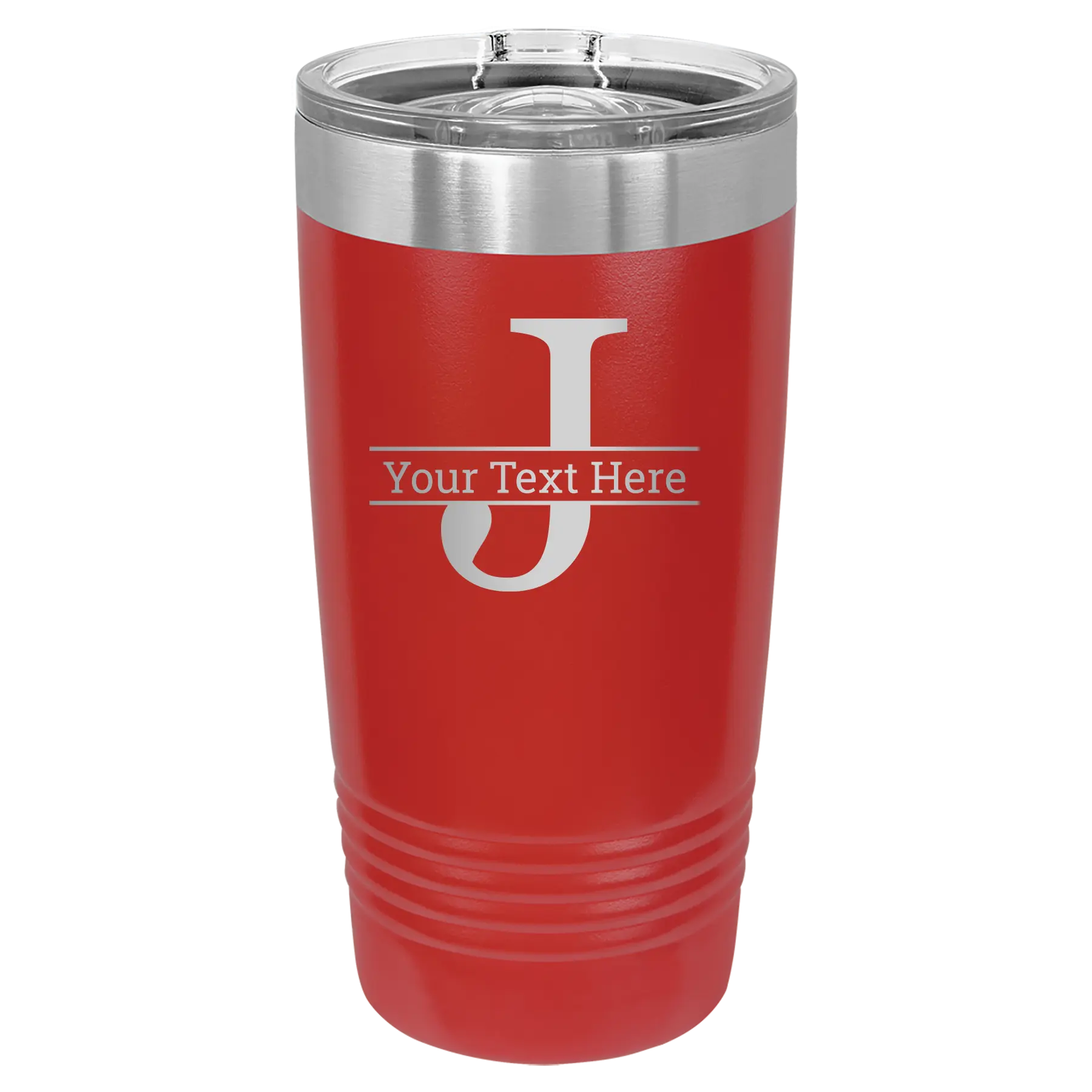 Personalized red 20 oz vacuum insulated tumbler with 'Monogram letter J' design