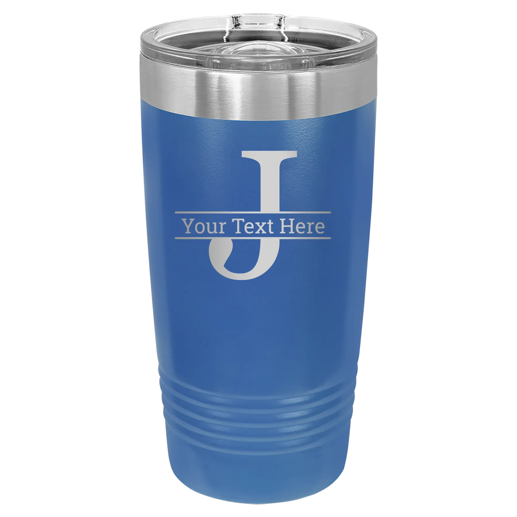 Personalized royal blue 20 oz vacuum insulated tumbler with 'Monogram letter J' design