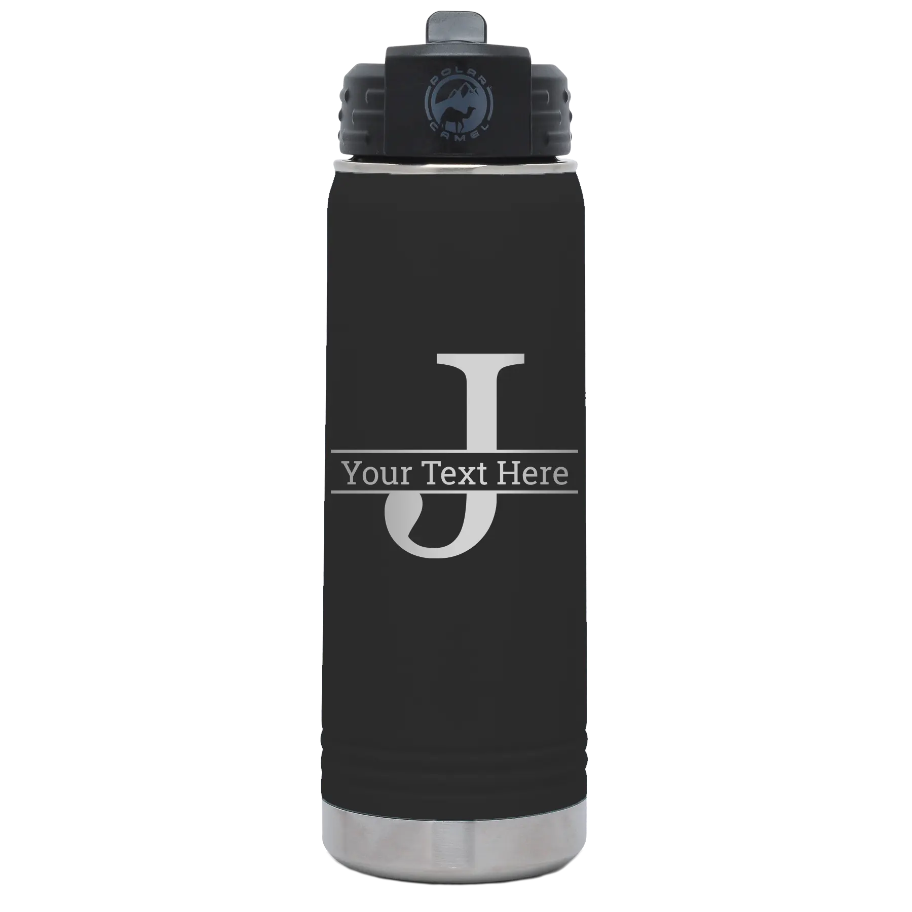 Personalized black 20 oz vacuum insulated water bottle with 'Monogram letter J' design