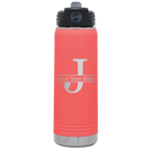 Personalized coral 20 oz vacuum insulated water bottle with 'Monogram letter J' design