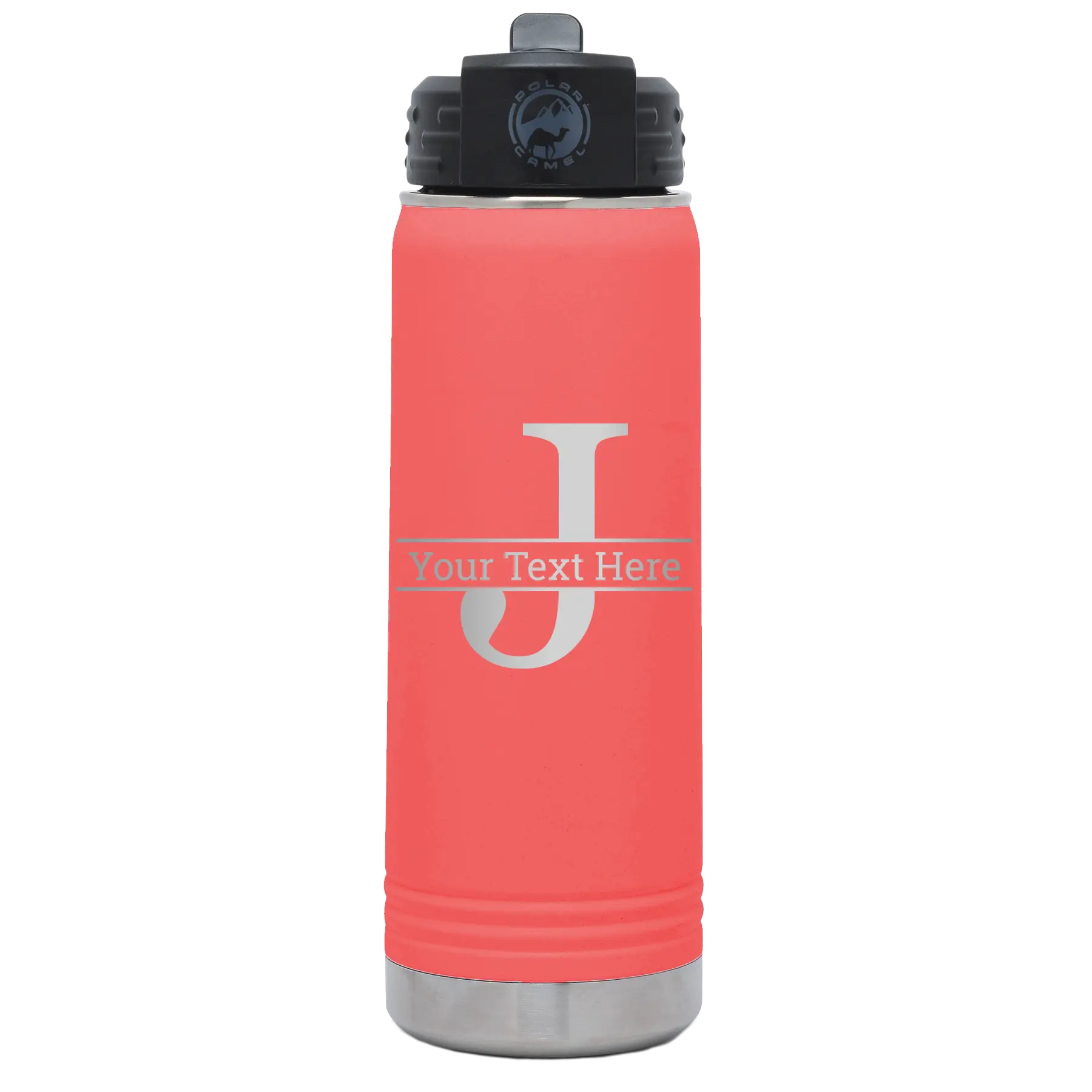 Personalized coral 20 oz vacuum insulated water bottle with 'Monogram letter J' design