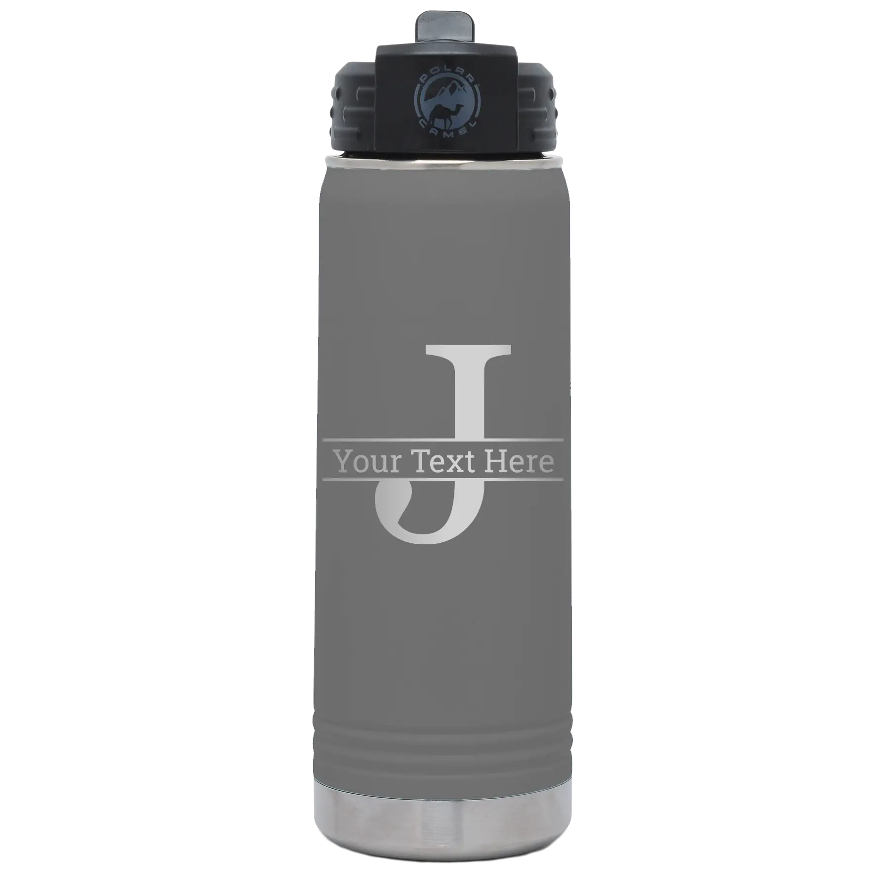 Personalized dark gray 20 oz vacuum insulated water bottle with 'Monogram letter J' design