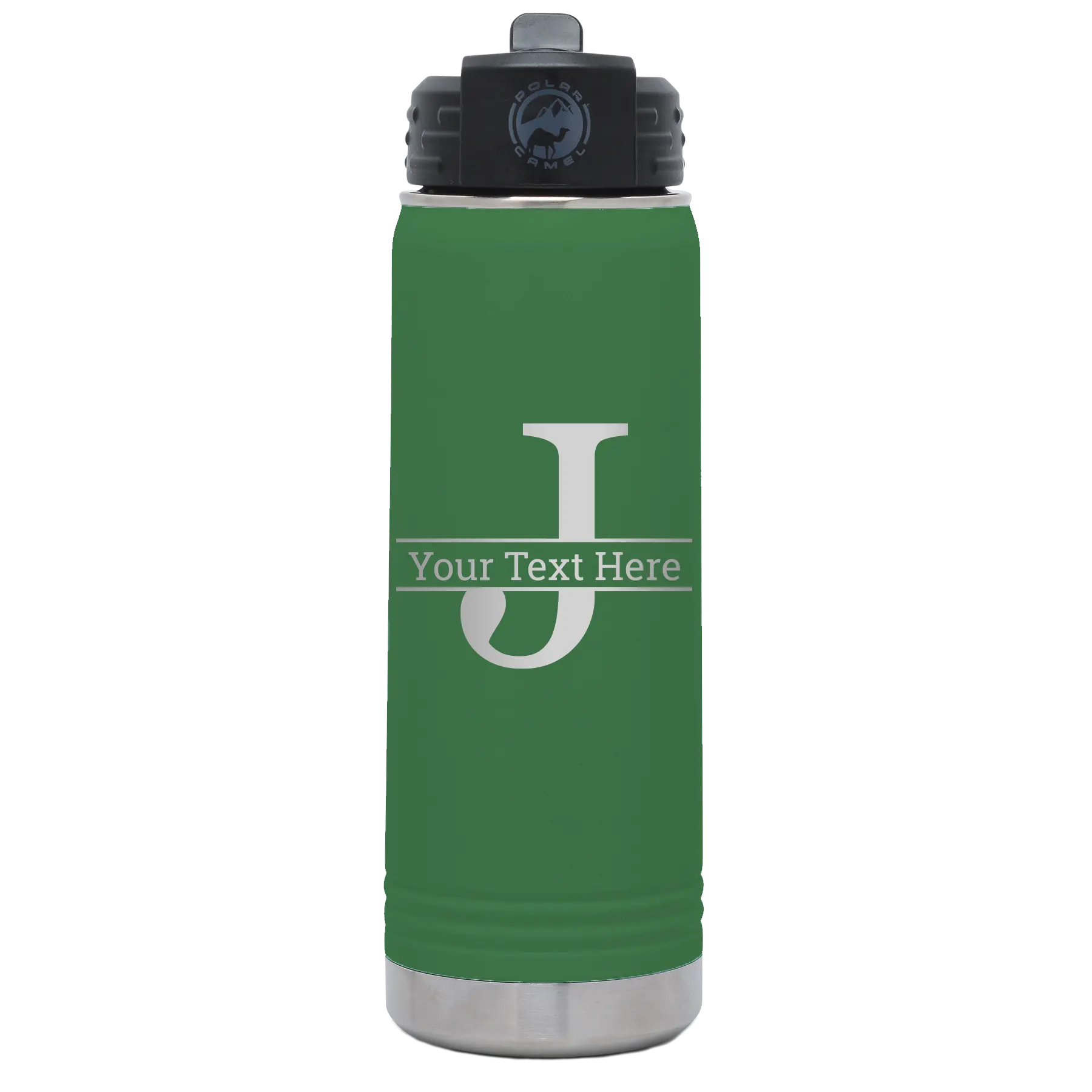 Personalized green 20 oz vacuum insulated water bottle with 'Monogram letter J' design
