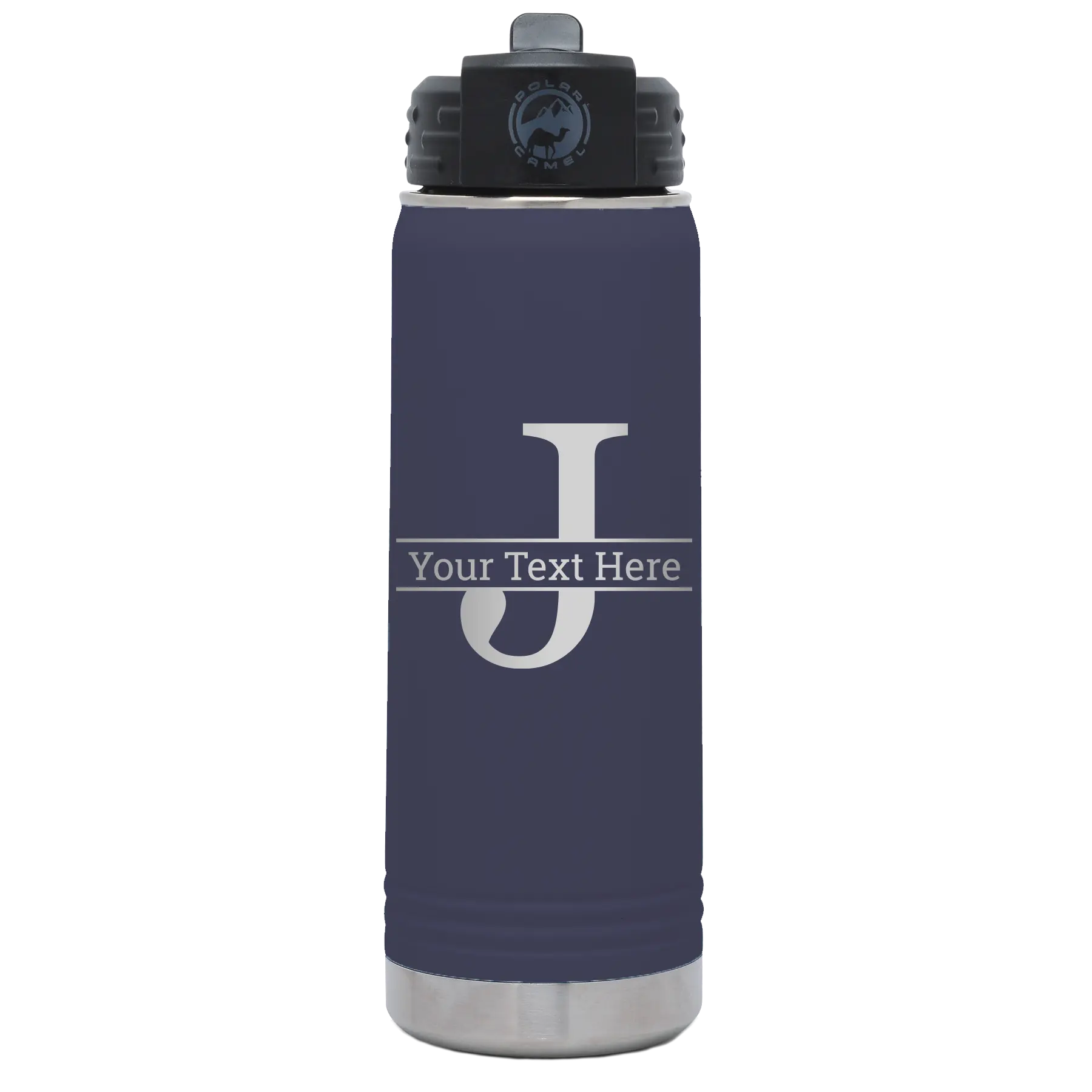 Personalized navy 20 oz vacuum insulated water bottle with 'Monogram letter J' design