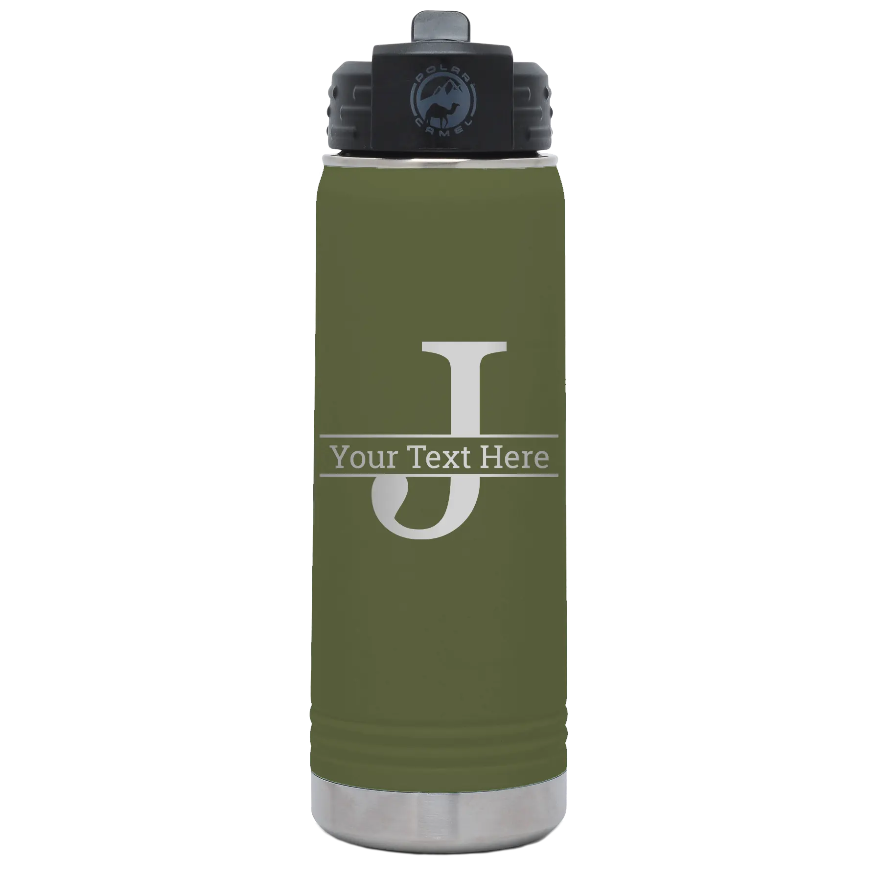 Personalized olive green 20 oz vacuum insulated water bottle with 'Monogram letter J' design