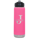 Personalized pink 20 oz vacuum insulated water bottle with 'Monogram letter J' design